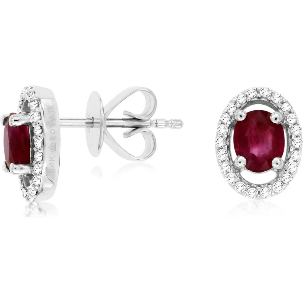 14K White Gold Oval Ruby and Diamond Halo Stud Earrings - 0.82 Carat Total Ruby Weight, 0.18 Carat Total Diamond Weight - Royal Jewelry