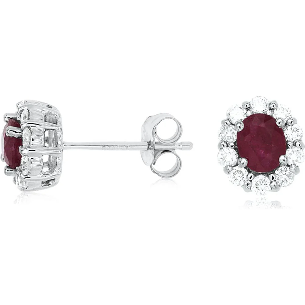 14K White Gold Oval Ruby and Diamond Halo Stud Earrings with Friction Backs – 0.80 Carat Total Ruby Weight, 0.45 Carat Total Diamond Weight - Royal Jewelry