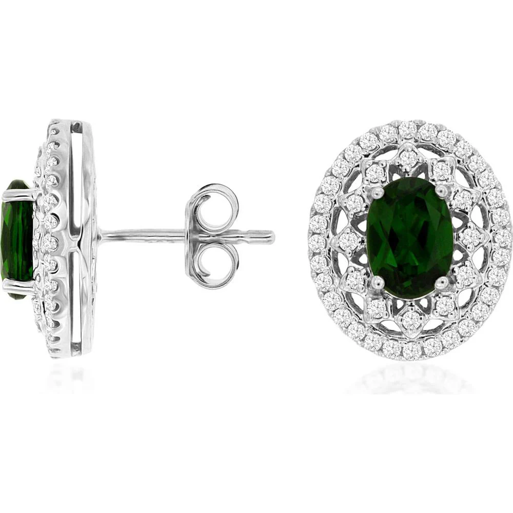 14K White Gold Oval Russalite and Diamond Double Halo Earrings with Milgrain Detail - 1.90 Carat Total Russalite Weight, 0.24 Carat Total Diamond Weight - Royal Jewelry