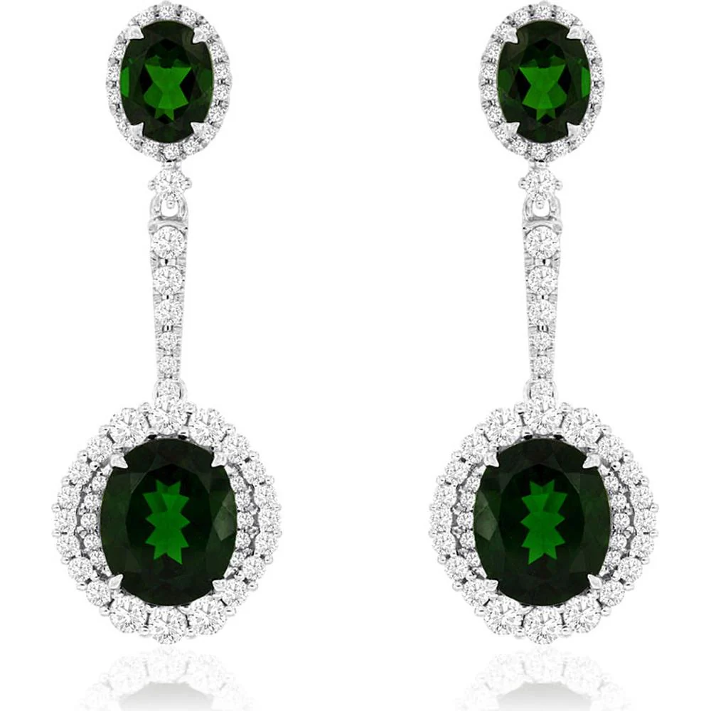14K White Gold Oval Russalite & Diamond Halo Drop Earrings - 2.15 Carat Russalite Top, 9.20 Carat Russalite Bottom, Total Diamond Accents - 11.35 Total Carat Weight - Royal Jewelry