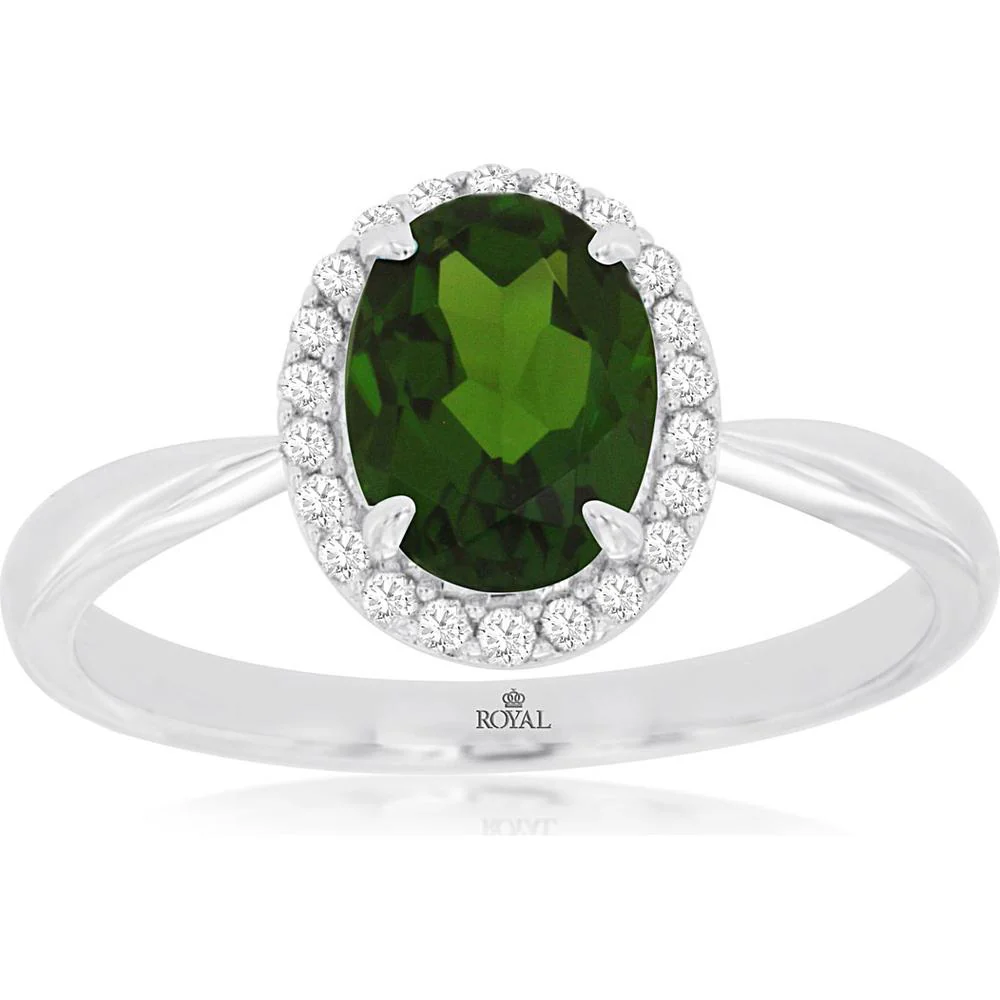 14K White Gold Oval Russalite and Diamond Halo Ring - 1.30 Carat Russalite, 0.14 Carat Total Diamond Weight - Royal Jewelry