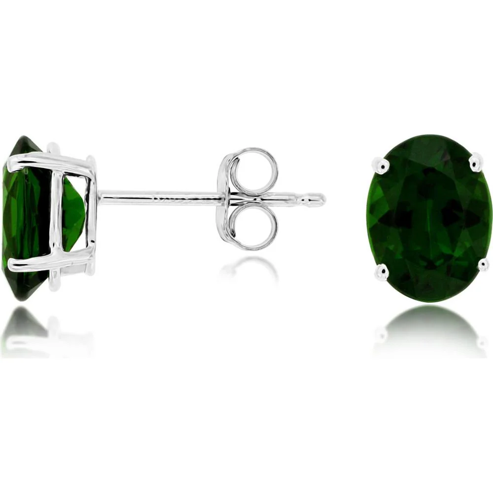 14K White Gold Oval Russalite Stud Earrings with Prong Set Green Gemstones - 2.60 Carat Total Gem Weight - Royal Jewelry