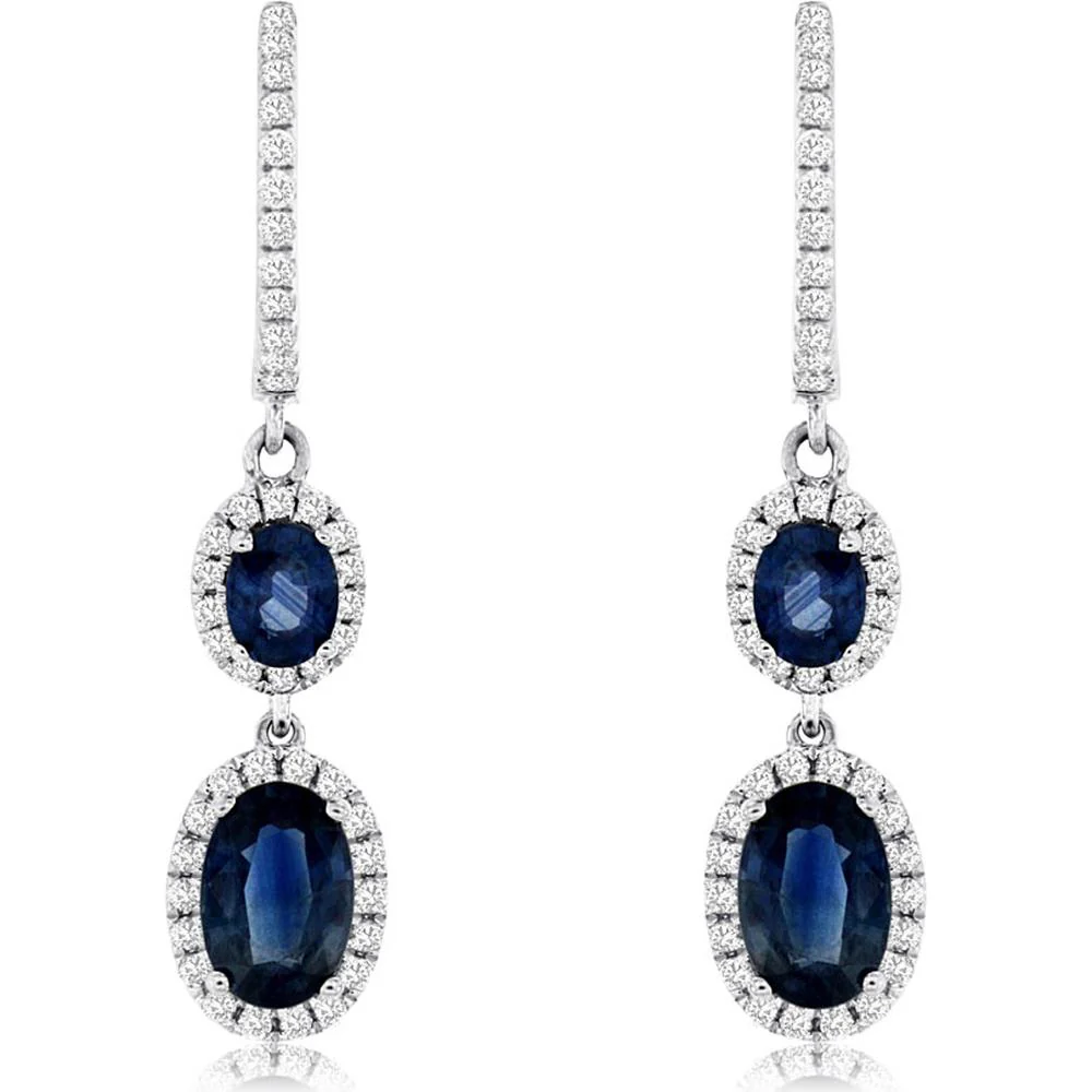 14K White Gold Oval Sapphire and Diamond Drop Earrings with Diamond Halo Detail - 1.76 Carat Total Sapphire Weight and 0.30 Carat Total Diamond Weight - Royal Jewelry