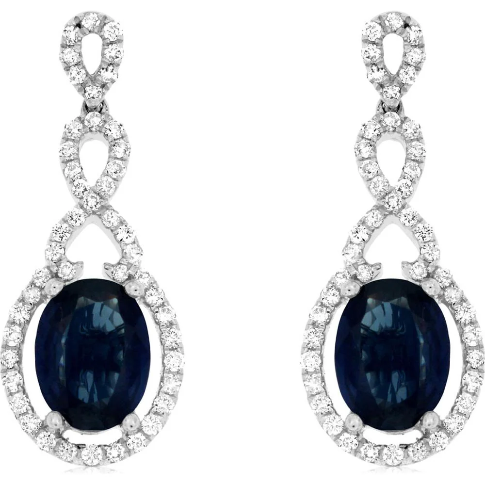 14K White Gold Oval Sapphire and Diamond Drop Earrings with Pave Set Chandelier Links - 2.00 Carat Total Sapphire Weight, 0.42 Carat Total Diamond Weight - Royal Jewelry
