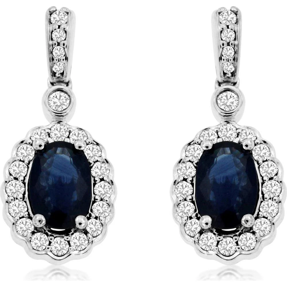 14K White Gold Oval Sapphire and Diamond Halo Drop Earrings - 1.30 Carat Total Sapphire Weight, 0.33 Carat Total Diamond Weight - Royal Jewelry