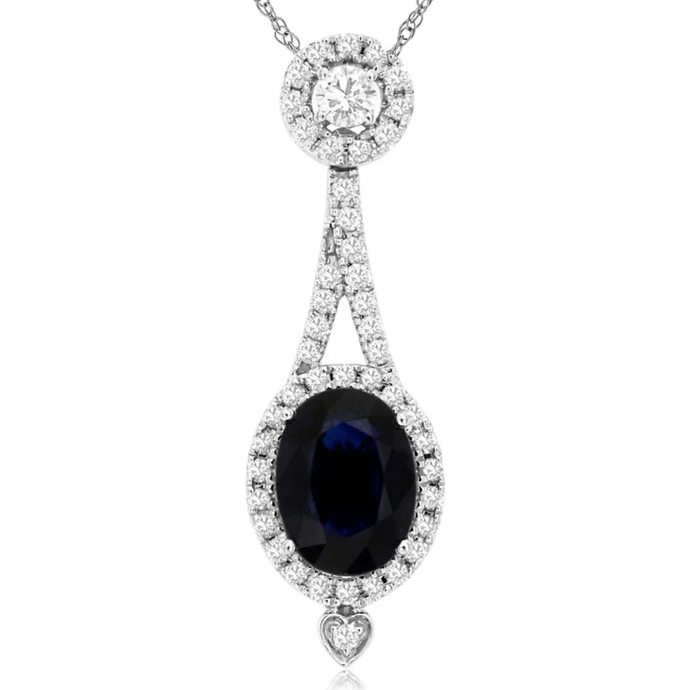 14K White Gold Oval Sapphire and Diamond Halo Drop Pendant with 1.47 Carat Sapphire and 0.33 Carat Total Diamond Weight - Royal Jewelry