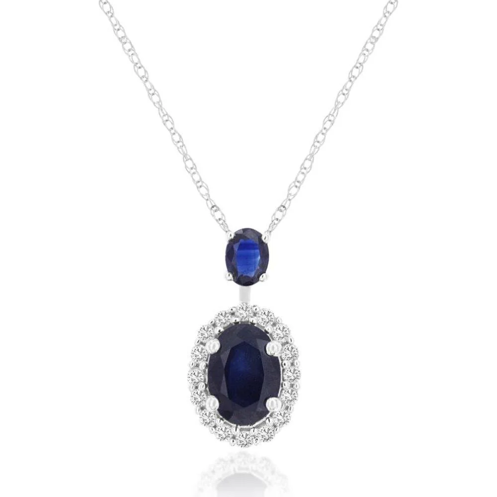 14K White Gold Oval Sapphire and Diamond Halo Pendant Necklace with 1.25 Carat Sapphire and 0.16 Carat Total Diamond Weight - Royal Jewelry