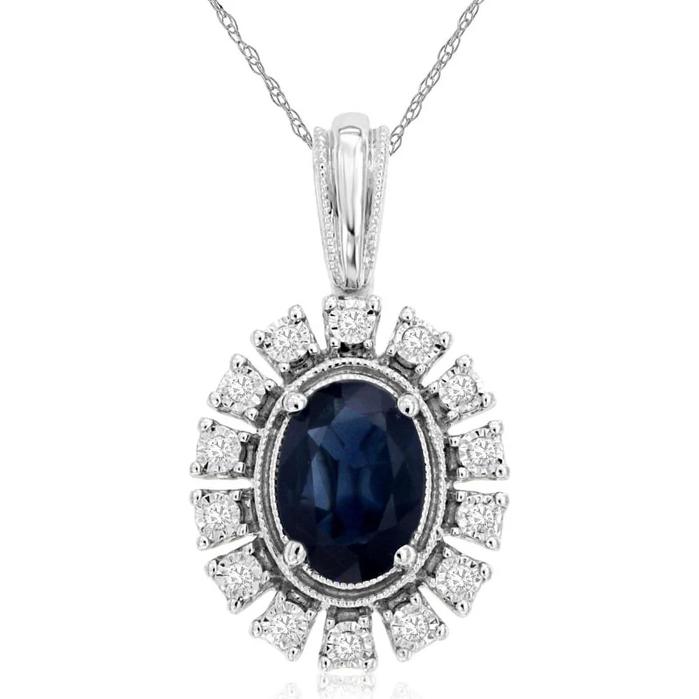 14K White Gold Oval Sapphire and Diamond Halo Pendant with Milgrain Detail - 1.00 Carat Sapphire, 0.07 Carat Total Diamond Weight - Royal Jewelry