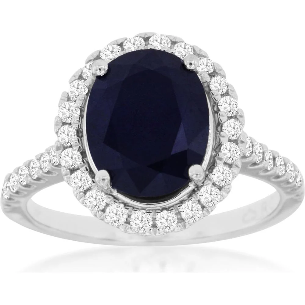14K White Gold Oval Sapphire and Diamond Halo Ring - 2.9 Carat Sapphire and 0.60 Carat Total Diamond Weight - Royal Jewelry