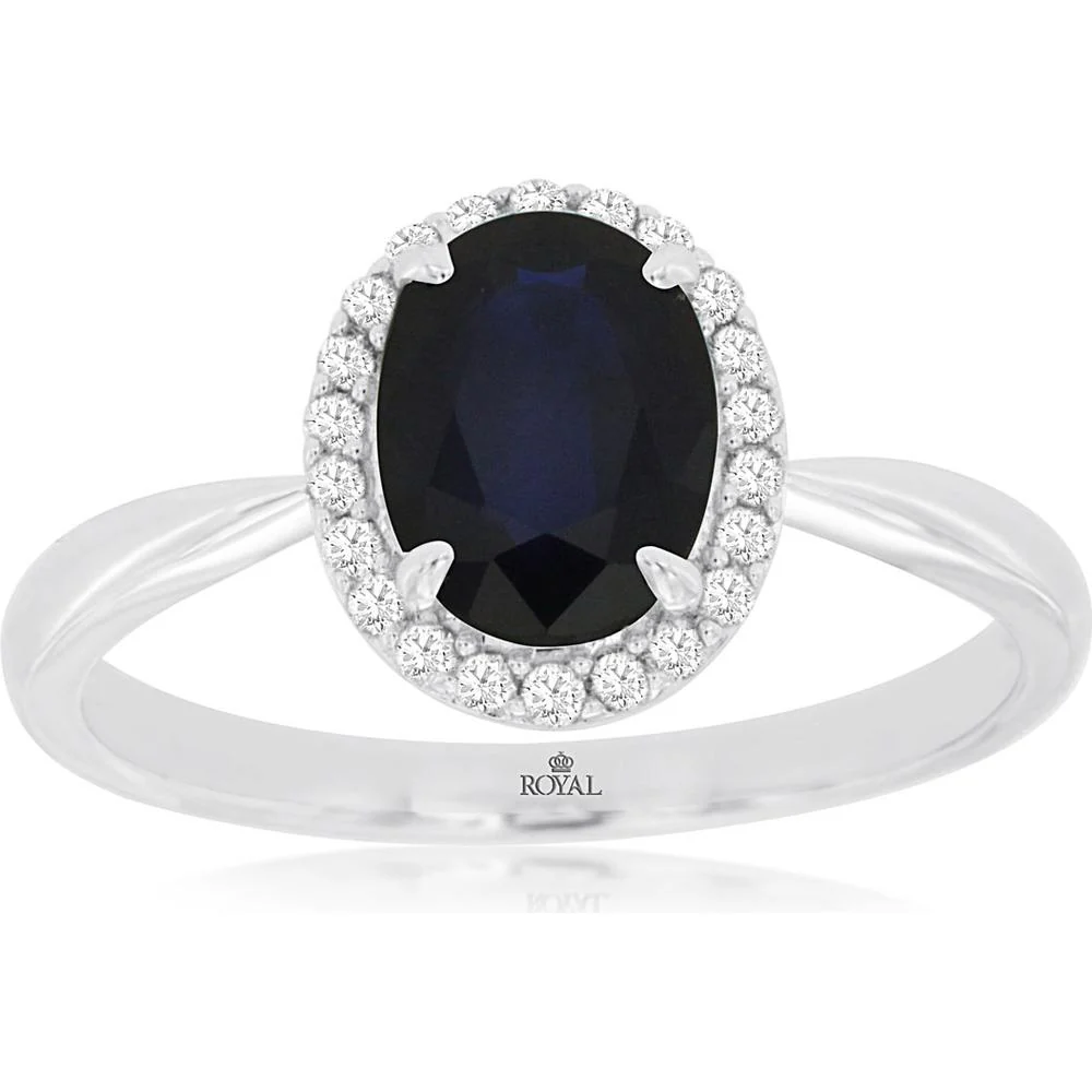 14K White Gold Oval Sapphire and Diamond Halo Ring with 1.45 Carat Oval Sapphire and 0.14 Carat Total Diamond Weight - Royal Jewelry