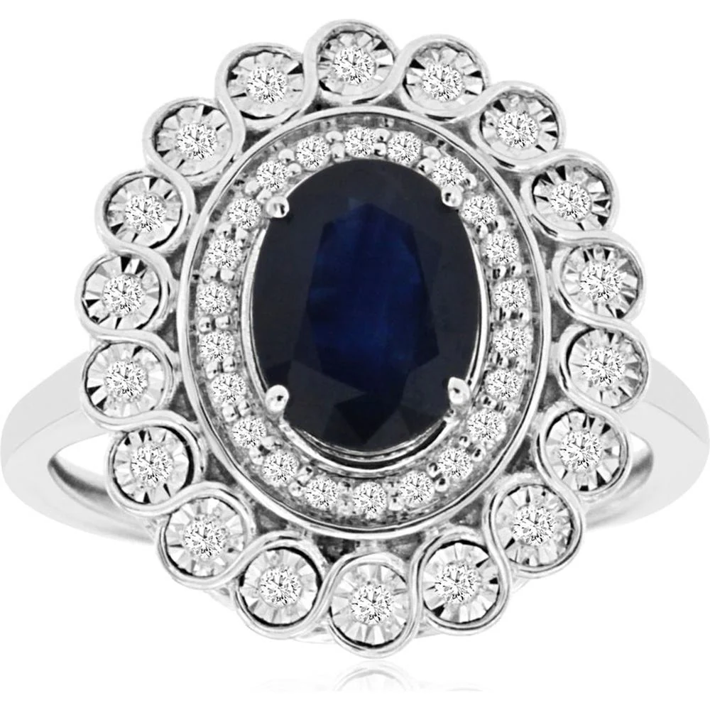 14K White Gold Oval Sapphire and Diamond Halo Ring with Vintage Milgrain Scrollwork - 1.47 Carat Sapphire and 0.25 Carat Diamonds - Royal Jewelry