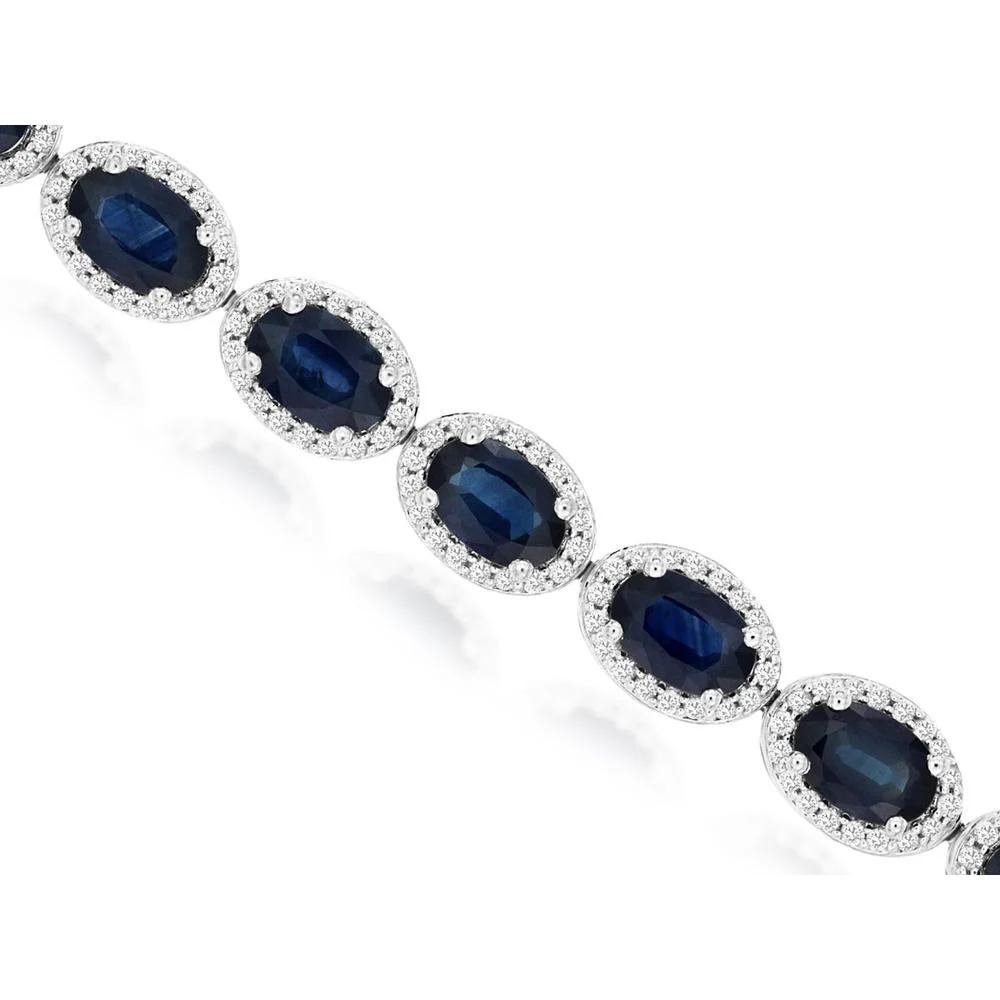 14K White Gold Oval Sapphire and Diamond Halo Tennis Bracelet - 12.00 Carat Sapphire & 1.40 Carat Diamond Total Weight - Royal Jewelry