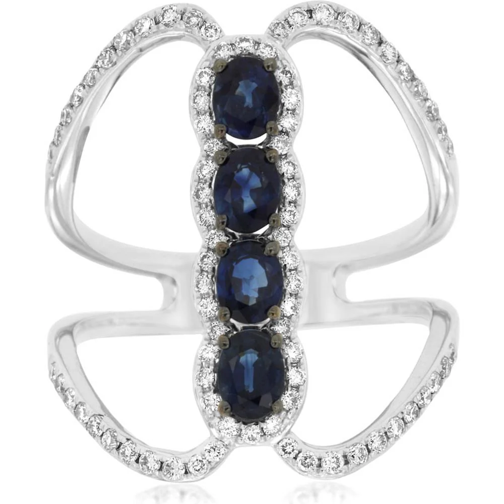 14K White Gold Oval Sapphire and Diamond Open-Work Ring with 0.95 Carat Sapphire and 0.40 Carat Total Diamond Weight - Royal Jewelry