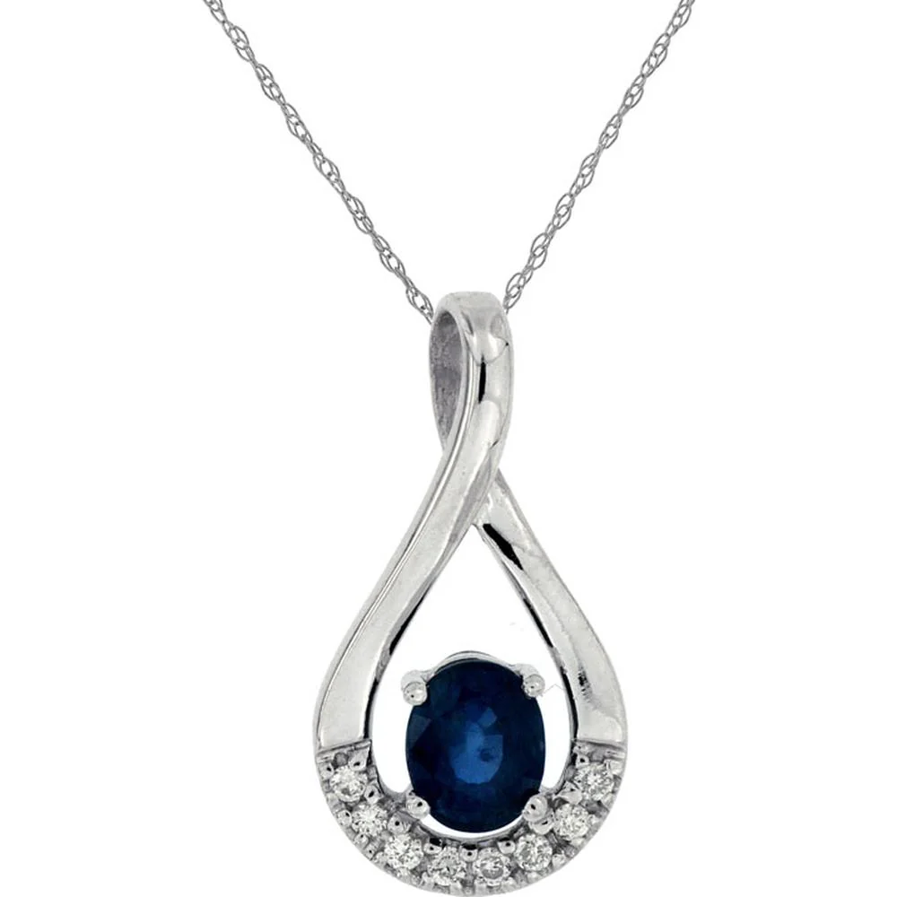 14K White Gold Oval Sapphire and Diamond Pendant Necklace with 0.44 Carats Sapphire and 0.06 Carats Diamond Accents - Royal Jewelry