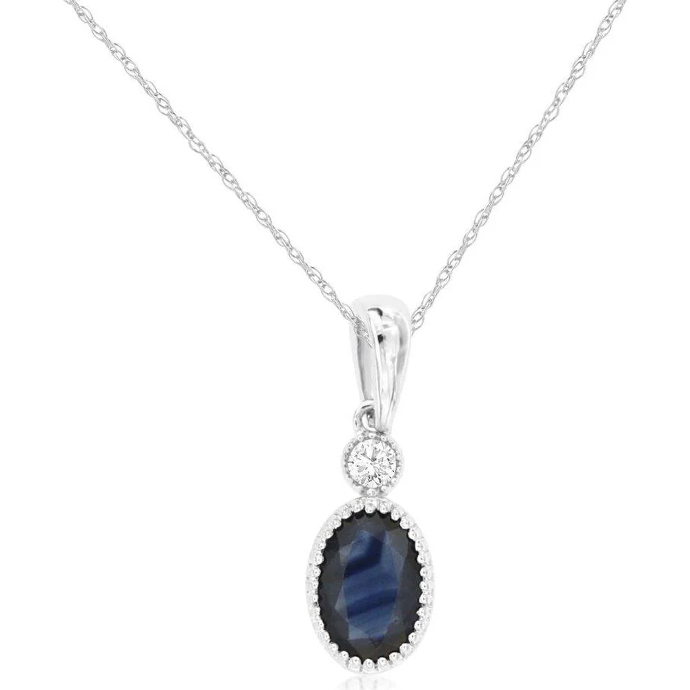 14K White Gold Oval Sapphire and Diamond Pendant with Milgrain Border - 0.58 Carat Sapphire, 0.03 Carat Diamond - Royal Jewelry