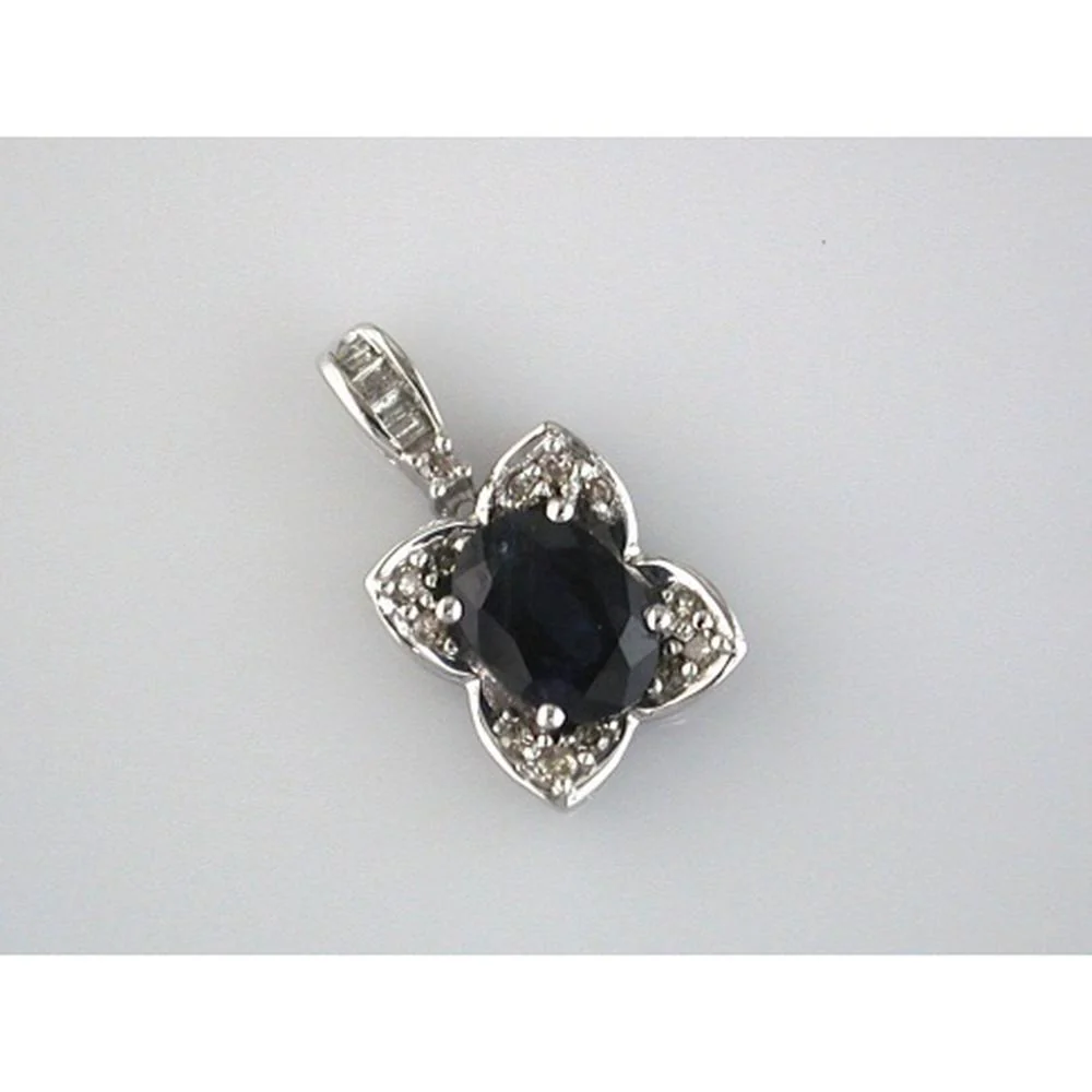 14K White Gold Oval Sapphire and Round Diamond Pendant - 1.00 Carat Sapphire and 0.10 Carat Total Diamond Weight - Royal Jewelry
