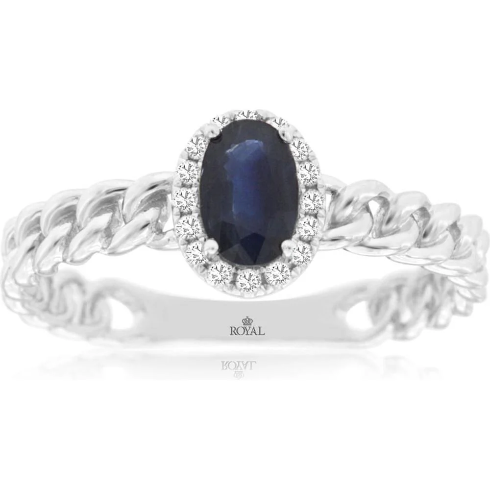 14K White Gold Oval Sapphire Halo Ring with Diamond Accents and Link-Inspired Band - 0.65 Carat Sapphire & 0.07 Carat Total Diamond Weight - Royal Jewelry