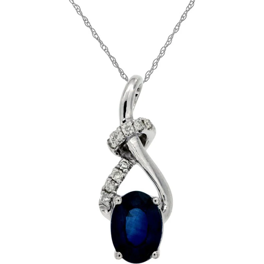 14K White Gold Oval Sapphire Pendant with Diamond Accents - 1.00 Carat Sapphire and 0.06 Carat Total Diamond Weight - Royal Jewelry