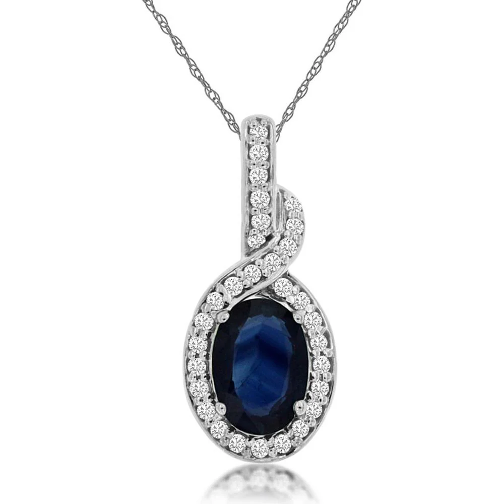14K White Gold Oval Sapphire Pendant with Swirling Diamond Halo - 1.00 Carat Sapphire, 0.12 Carat Total Diamond Weight - Royal Jewelry
