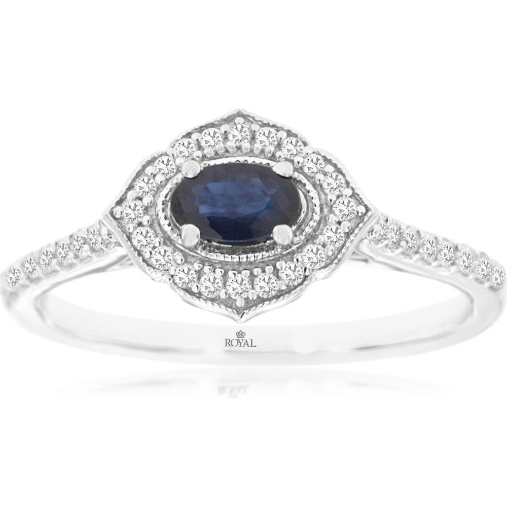 14K White Gold Oval Sapphire Ring with Diamond Halo and Diamond Band Accents - .28 Carat Sapphire, .20 Carat Total Diamond Weight - Royal Jewelry