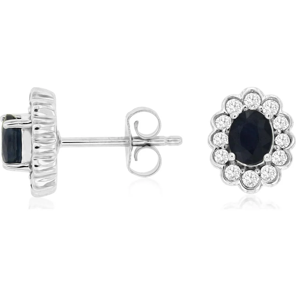 14K White Gold Oval Sapphire Stud Earrings with Diamond Halo - 0.88 Carat Total Sapphire Weight and 0.33 Carat Total Diamond Weight - Royal Jewelry