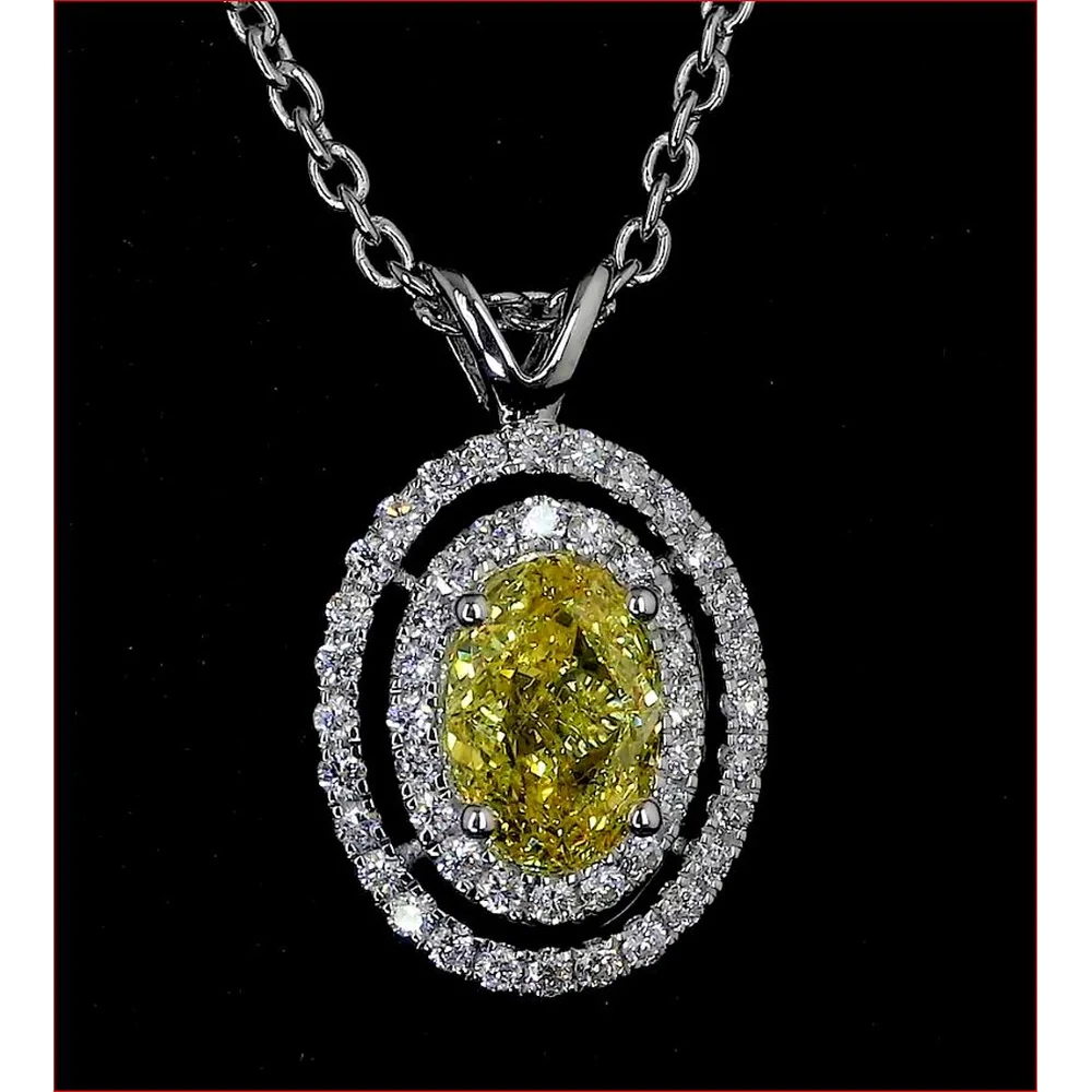 14K White Gold Oval Shape Double Halo Pendant with Fancy Vivid Yellow Lab Diamond and 48 Brilliant Cut Lab Diamonds - 1.16 Carat Total Diamond Weight - Covaloro Fine Jewelry - Image 2