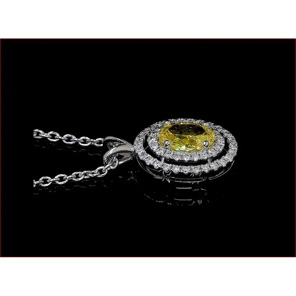 14K White Gold Oval Shape Double Halo Pendant with Fancy Vivid Yellow Lab Diamond and 48 Brilliant Cut Lab Diamonds - 1.16 Carat Total Diamond Weight - Covaloro Fine Jewelry - Image 3