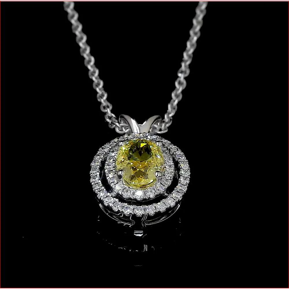 14K White Gold Oval Shape Double Halo Pendant with Fancy Vivid Yellow Lab Diamond and 48 Brilliant Cut Lab Diamonds - 1.16 Carat Total Diamond Weight - Covaloro Fine Jewelry - Image 4
