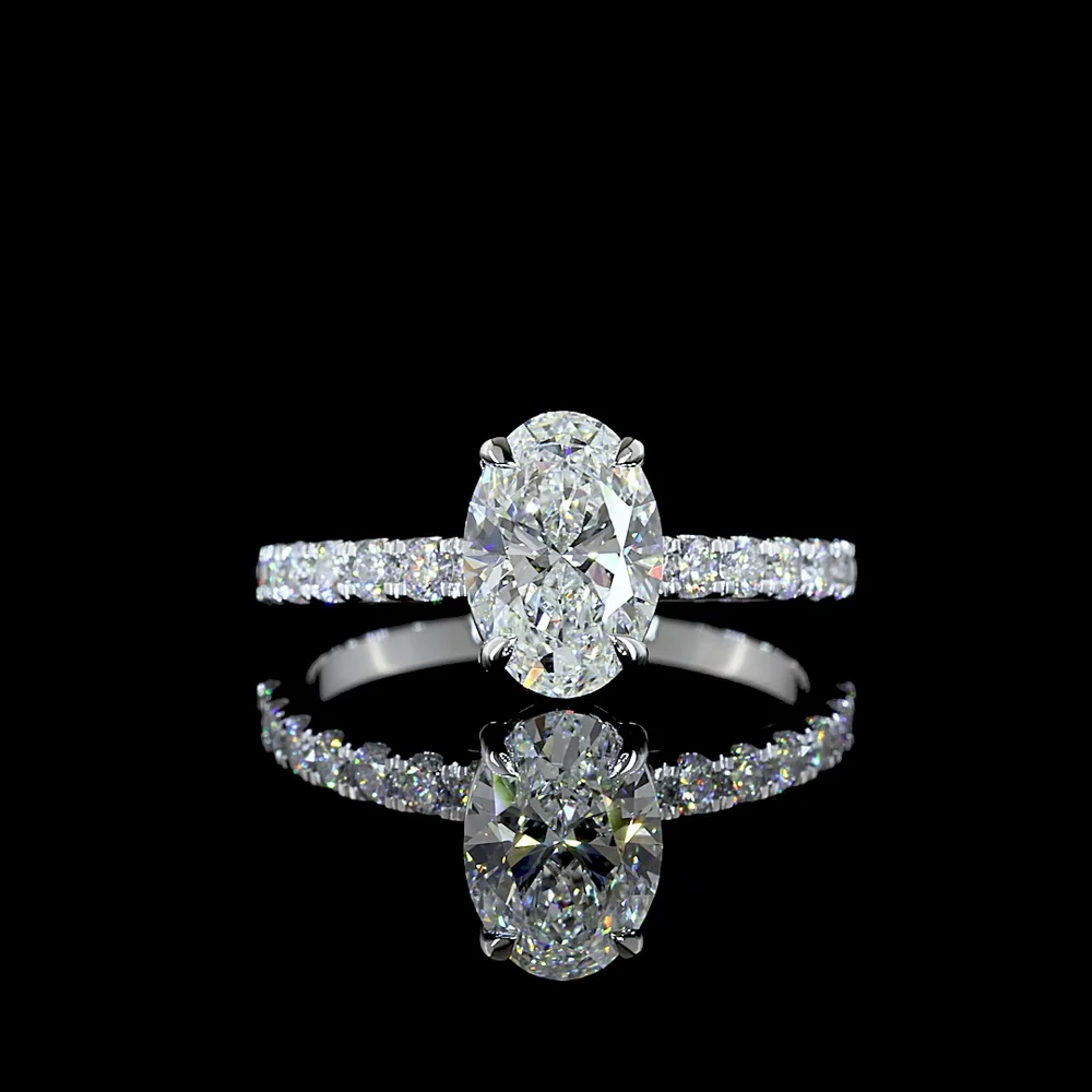 14K White Gold Oval Solitaire Diamond Shank Ring featuring 1.52 Carats D VVS2 Center and 0.45 Carats E VS1 Diamond Band Accents - 1.97 Total Carat Weight, IGI Certified - Covaloro Fine Jewelry