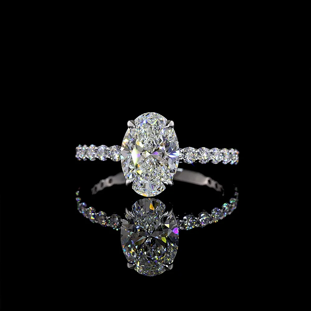 14K White Gold Oval Solitaire Diamond Shank Ring with 2.01 Carat Oval D VVS2 Center and 0.66 Carat Round Brilliant Cut E VS1 Side Diamonds - 2.67 Total Carat Weight - Covaloro Fine Jewelry