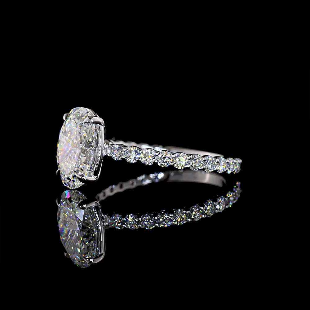 14K White Gold Oval Solitaire Diamond Shank Ring with 2.01 Carat Oval D VVS2 Center and 0.66 Carat Round Brilliant Cut E VS1 Side Diamonds - 2.67 Total Carat Weight - Covaloro Fine Jewelry - Image 3