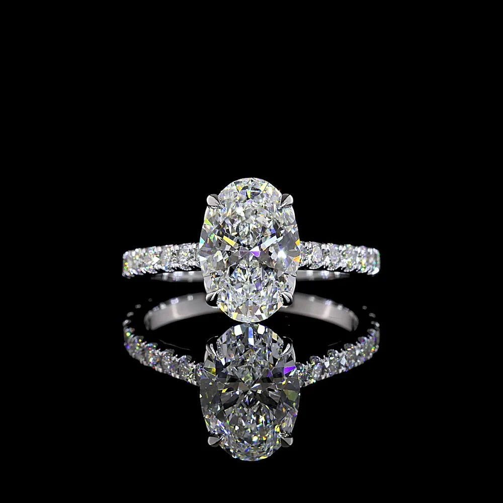 14K White Gold Oval Solitaire Diamond Shank Ring with 2.56 Carat Center E VVS2 Lab Diamond and 0.73 Carat Brilliant Cut Side Diamonds - 3.29 Carat Total Weight IGI Certified - Covaloro Fine Jewelry