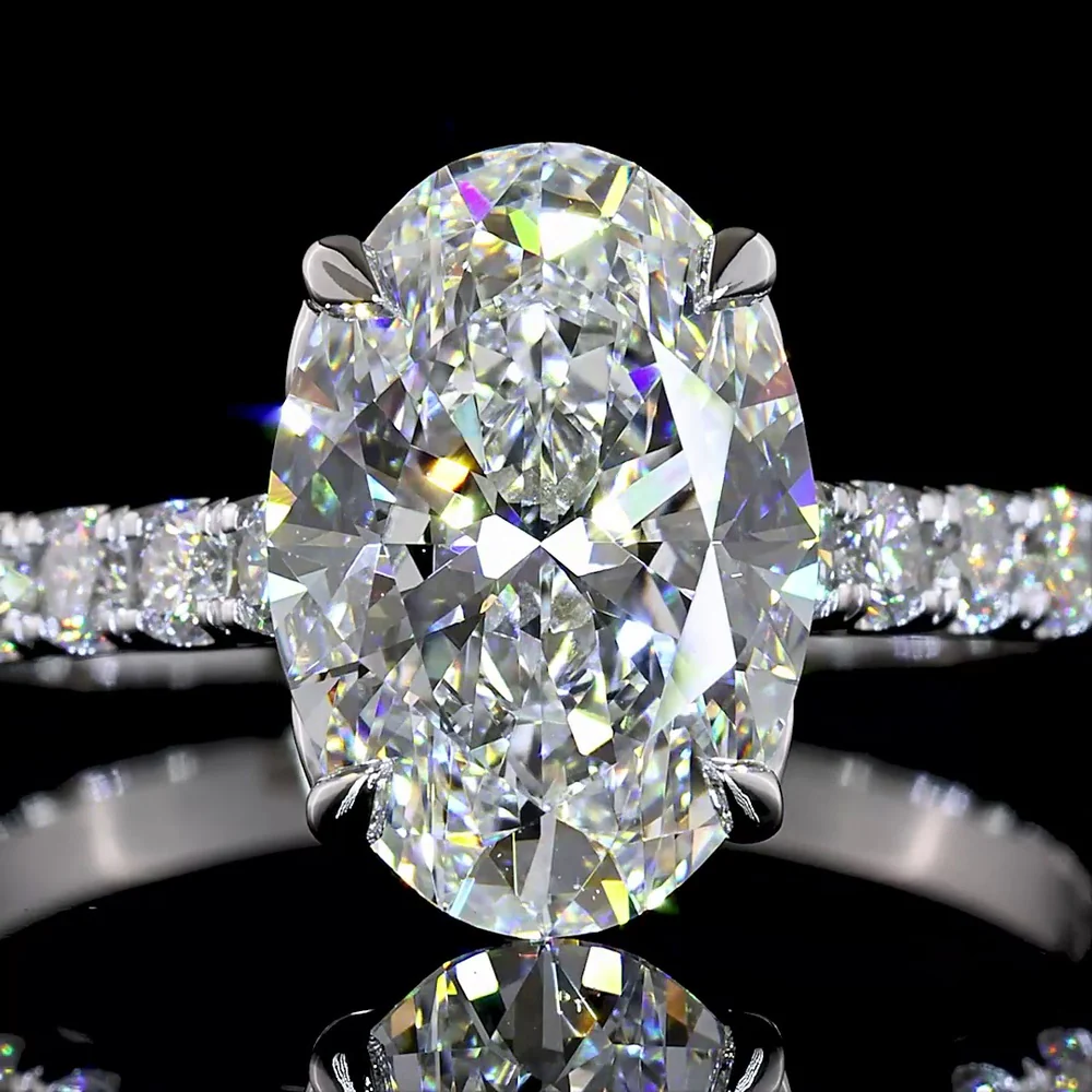 14K White Gold Oval Solitaire Diamond Shank Ring with 2.56 Carat Center E VVS2 Lab Diamond and 0.73 Carat Brilliant Cut Side Diamonds - 3.29 Carat Total Weight IGI Certified - Covaloro Fine Jewelry - Image 2