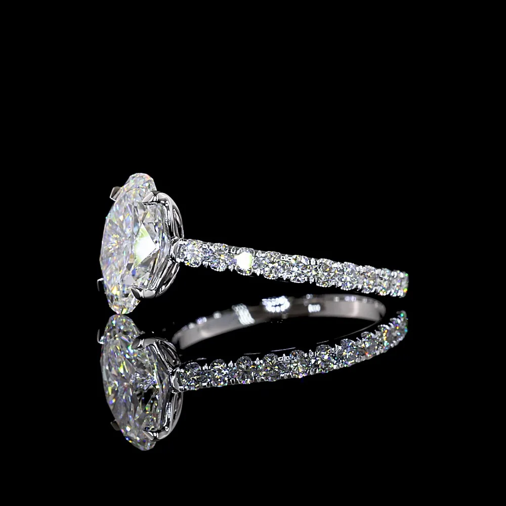 14K White Gold Oval Solitaire Diamond Shank Ring with 2.56 Carat Center E VVS2 Lab Diamond and 0.73 Carat Brilliant Cut Side Diamonds - 3.29 Carat Total Weight IGI Certified - Covaloro Fine Jewelry - Image 4