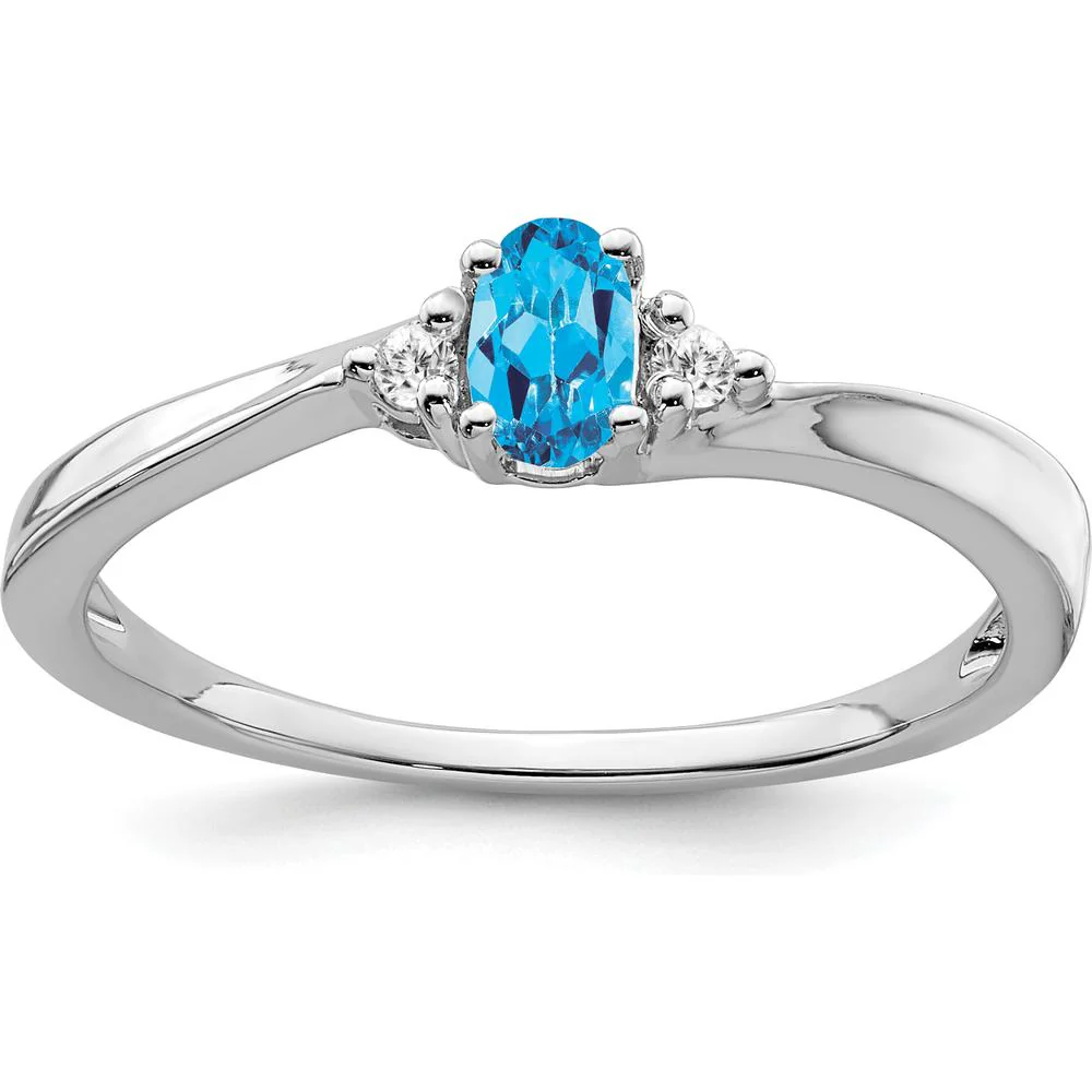 14K White Gold Oval Swiss Blue Topaz and Diamond Ring - 0.30 Carat Total Topaz Weight, 0.04 Carat Total Diamond Weight - Size 7 by Oro Pregiato