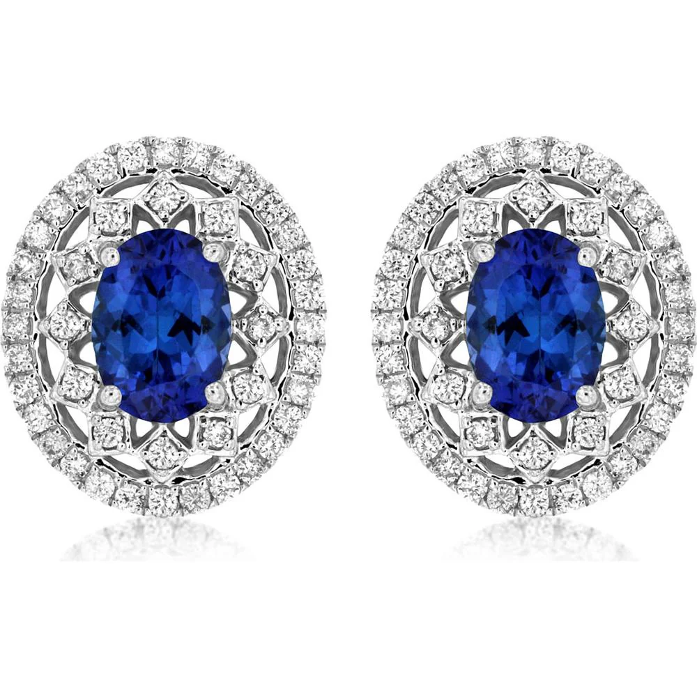 14K White Gold Oval Tanzanite and Diamond Double Halo Earrings - 1.70 Carat Total Tanzanite Weight, 0.24 Carat Total Diamond Weight - Royal Jewelry