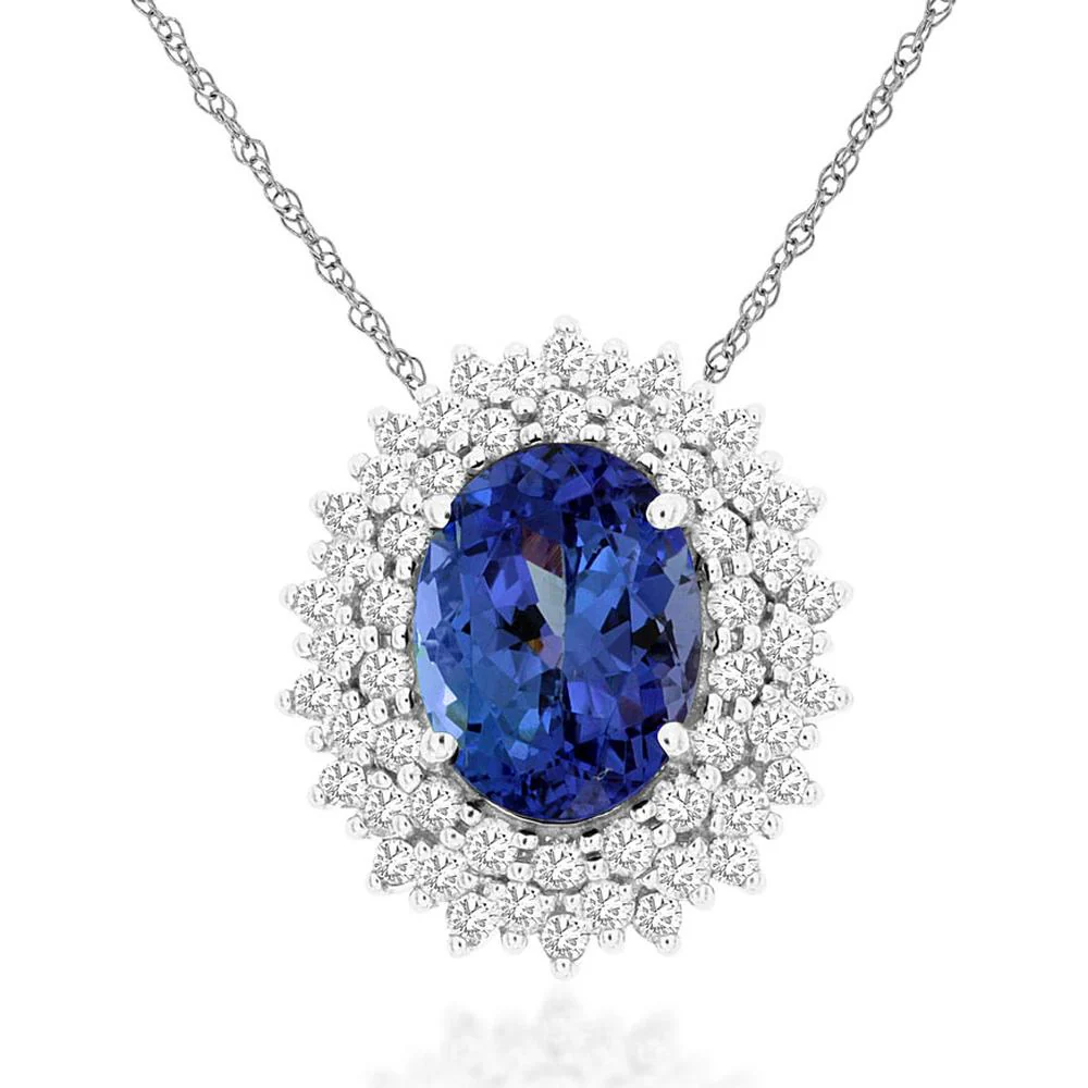 14K White Gold Oval Tanzanite and Diamond Halo Pendant Necklace - 1.30 Carat Tanzanite and 0.33 Carat Total Diamond Weight - Royal Jewelry