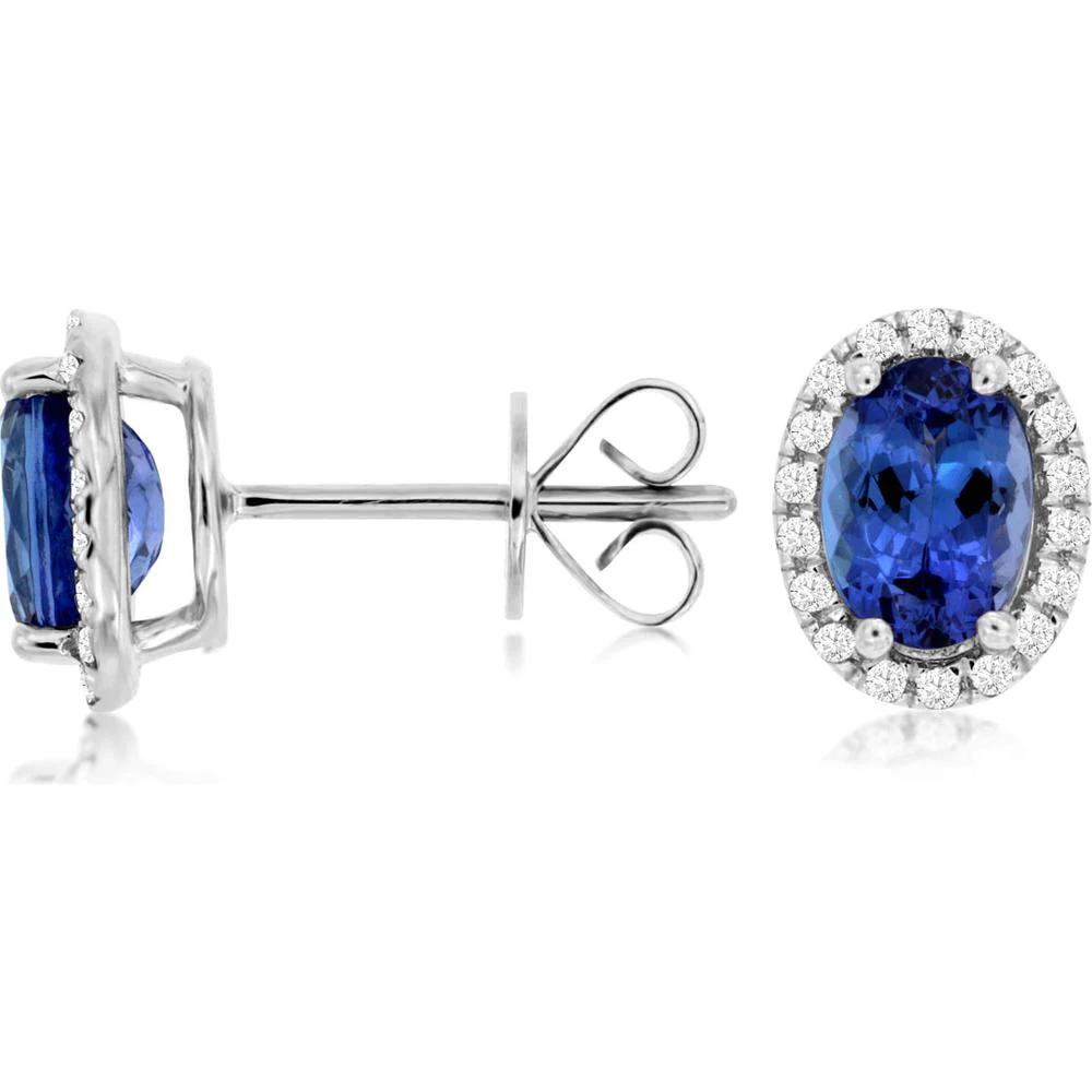 14K White Gold Oval Tanzanite and Diamond Halo Stud Earrings - 1.68 Carat Total Tanzanite Weight, 0.19 Carat Total Diamond Weight - Royal Jewelry