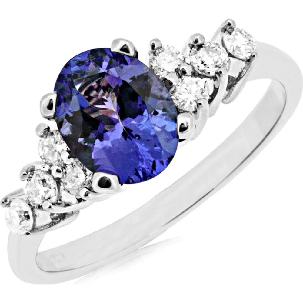 14K White Gold Oval Tanzanite and Round Diamond Accent Ring – 1.30 Carat Tanzanite, 0.35 Carat Diamond Total Weight - Royal Jewelry