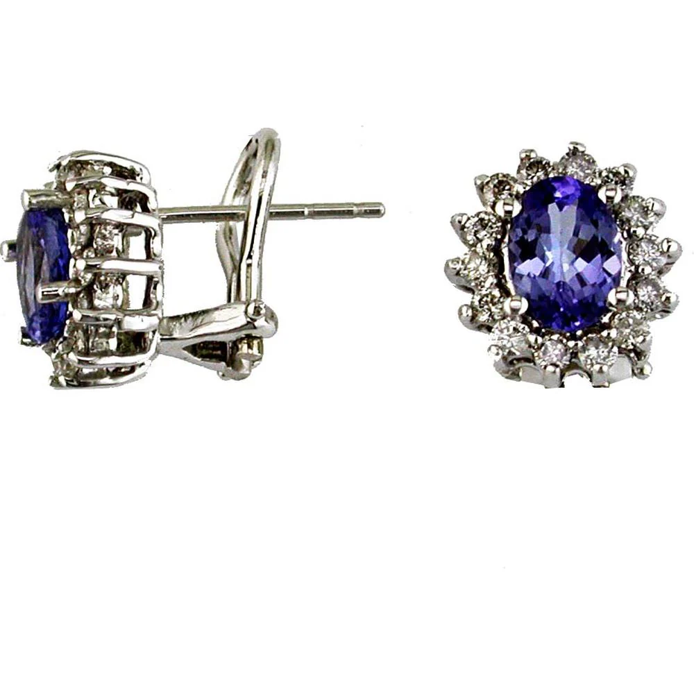 14K White Gold Oval Tanzanite and Round Diamond Halo Stud Earrings - 1.60 Carat Total Tanzanite Weight and 0.60 Carat Total Diamond Weight - Royal Jewelry