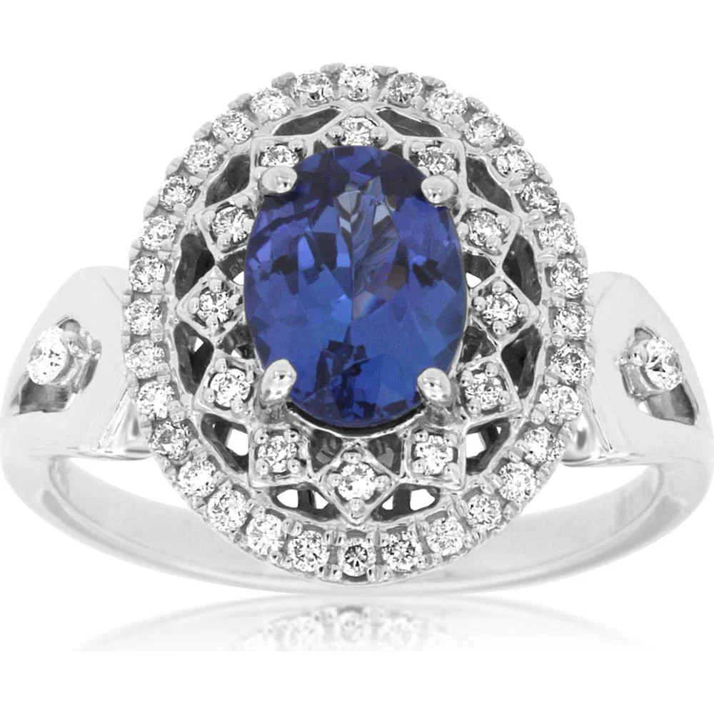 14K White Gold Oval Tanzanite Halo Ring with Diamond Accents - 1.30 Carat Tanzanite and 0.30 Carat Total Diamond Weight - Royal Jewelry