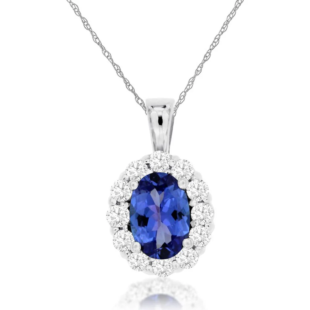 14K White Gold Oval Tanzanite Pendant with Diamond Halo - 0.85 Carat Tanzanite & 0.30 Carat Diamond Total Weight - Royal Jewelry