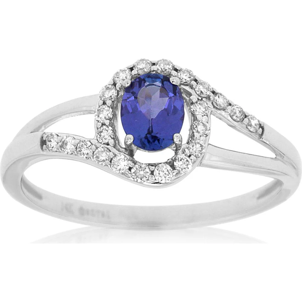 14K White Gold Oval Tanzanite Ring with Diamond Halo and Split Shank Detail - 0.22 Carat Tanzanite, 0.18 Carat Total Diamond Weight - Royal Jewelry