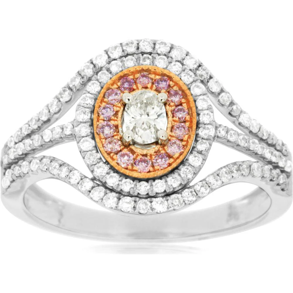14K White Gold Oval White & Pink Diamond Halo Ring - 0.60 Carats Total Diamond Weight - Royal Jewelry