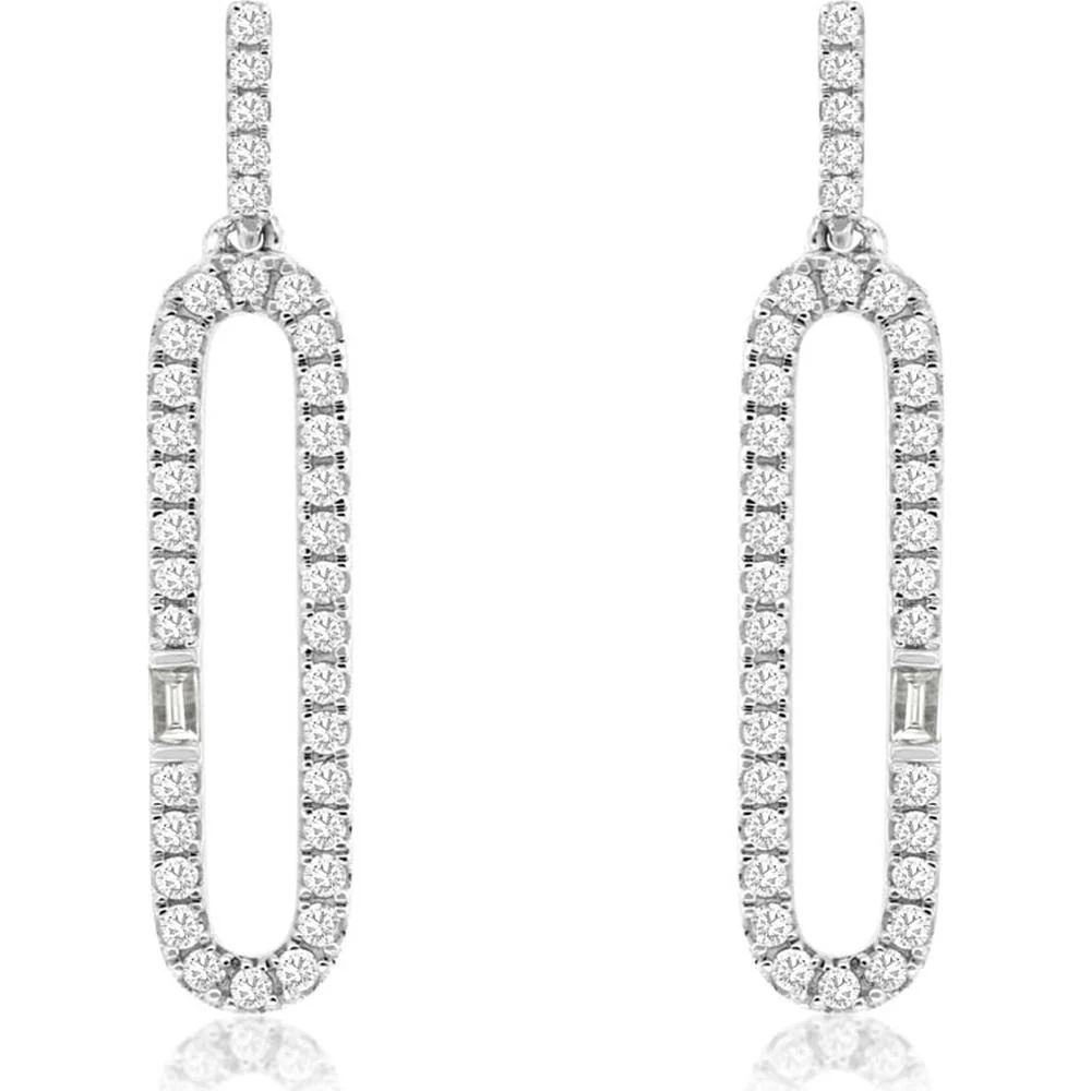 14K White Gold Paperclip Drop Earrings with Pavé Round and Baguette Diamonds - 0.50 Carat Total Diamond Weight - Royal Jewelry