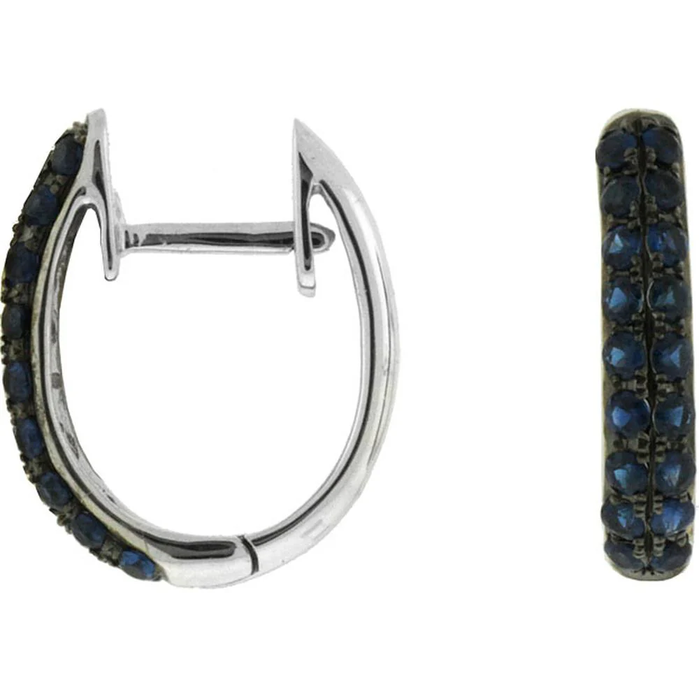 14K White Gold Pave Sapphire Hoop Earrings with Round Cut Blue Sapphires - 0.85 Carat Total Weight - Royal Jewelry