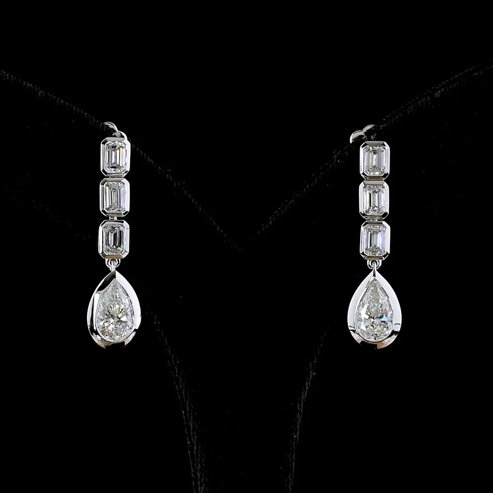 14K White Gold Pear and Emerald Cut Lab Diamond Drop Earrings with Bezel Setting - 5.09 Carats Total Diamond Weight - Covaloro Fine Jewelry
