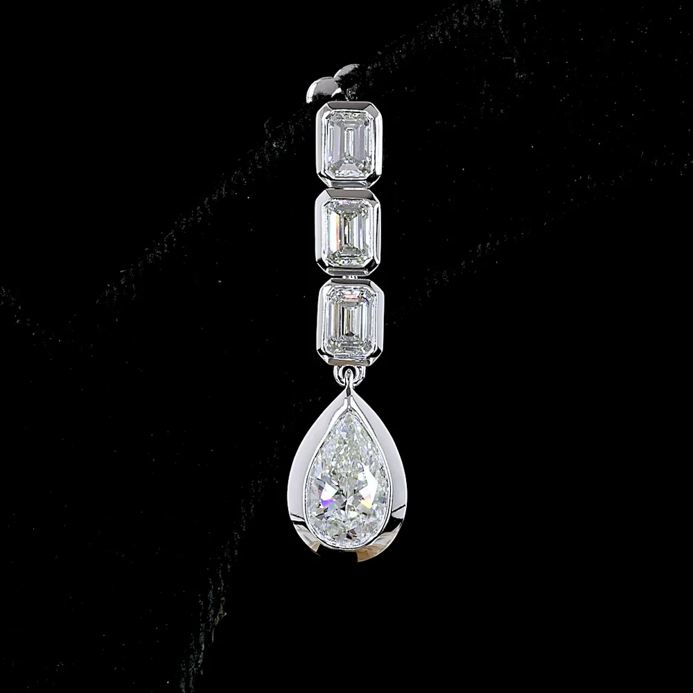 14K White Gold Pear and Emerald Cut Lab Diamond Drop Earrings with Bezel Setting - 5.09 Carats Total Diamond Weight - Covaloro Fine Jewelry - Image 2