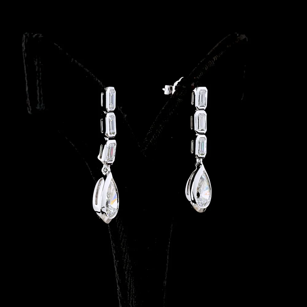 14K White Gold Pear and Emerald Cut Lab Diamond Drop Earrings with Bezel Setting - 5.09 Carats Total Diamond Weight - Covaloro Fine Jewelry - Image 3