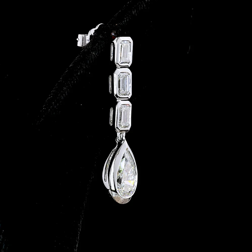 14K White Gold Pear and Emerald Cut Lab Diamond Drop Earrings with Bezel Setting - 5.09 Carats Total Diamond Weight - Covaloro Fine Jewelry - Image 4